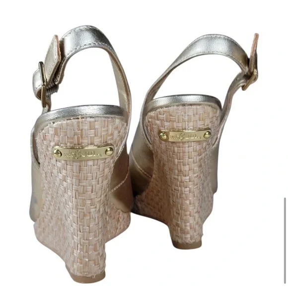 Lily Pulitzer Kristen Peep Toe Gold Wedge Sandals size 10 - Picture 8 of 10